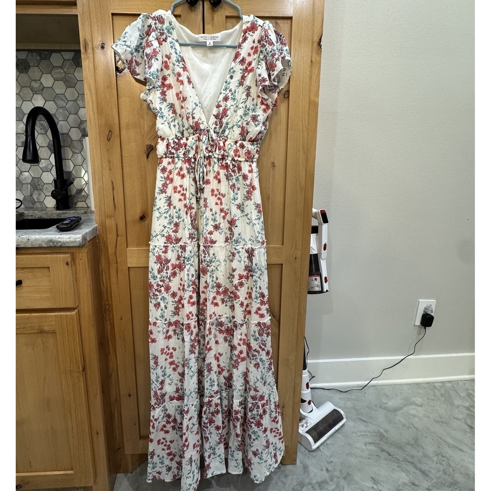 Better Together Sz M Maxi Dress Tiered Boho Cottagecore Floral V Neck Tie Hippie